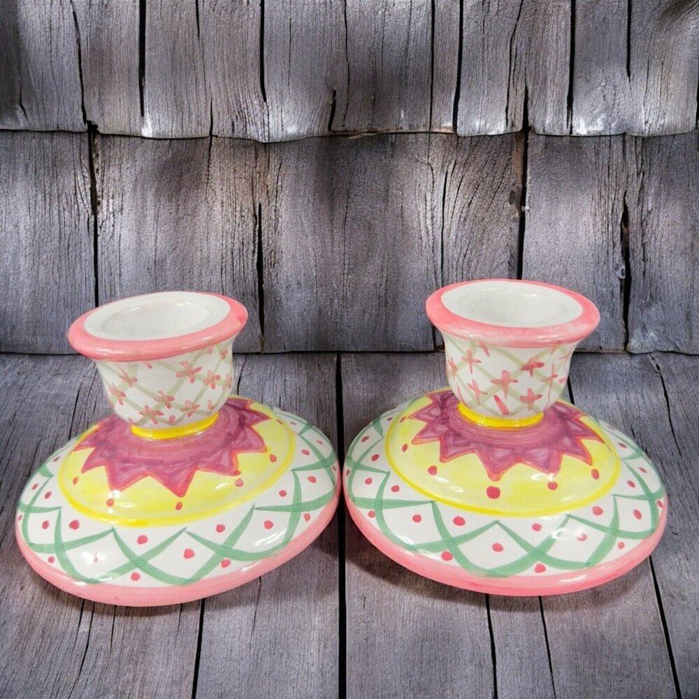 Vintage‎ Painted RedWare Pottery Candle Stick Holder Set 2 Candle Holder VTG
